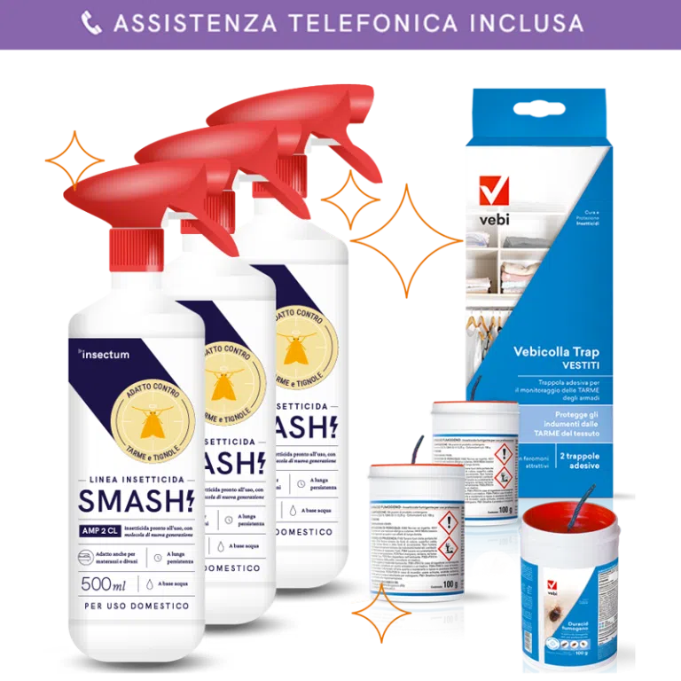 Insieme di prodotti per disinfestazione fai da te tarme dei tessuti
